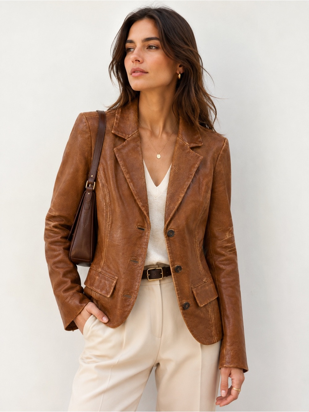 Privilege Genuine Leather Cognac Blazer Jacket Medium Quiet Luxury Vintage Chic